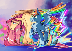 Size: 2656x1892 | Tagged: safe, artist:punkcherries, fluttershy, rainbow dash, pegasus, pony, g4, alternate design, colored wings, duo, height difference, multicolored wings, rainbow wings, wings