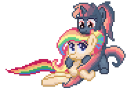 Size: 736x512 | Tagged: safe, artist:nitobit, oc, oc only, earth pony, pony, unicorn, cute, female, hug, lying down, mare, pixel art, request, simple background, sitting, transparent background