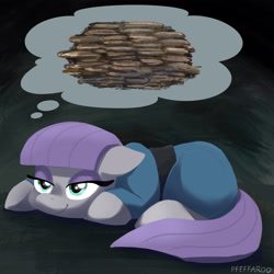 Size: 2048x2048 | Tagged: safe, artist:pfeffaroo, maud pie, earth pony, pony, g4, high res, lying down, prone, rock, smiling, solo, that pony sure does love rocks, thought bubble, when she smiles