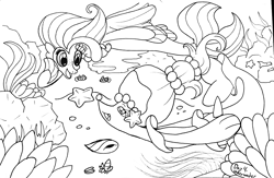 Size: 1334x870 | Tagged: safe, artist:heroinemarielys, princess skystar, primarina, seapony (g4), starfish, g4, my little pony: the movie, black and white, crossover, dorsal fin, female, fin wings, fins, fish tail, flowing mane, flowing tail, freckles, grayscale, inktober, looking at each other, looking at someone, monochrome, ocean, open mouth, open smile, pokémon, rock, seashell, seaweed, signature, smiling, swimming, tail, underwater, water, wings