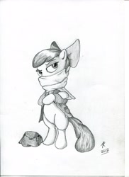 Size: 2550x3509 | Tagged: safe, artist:rameslack, apple bloom, earth pony, pony, g4, bag, bipedal, clothes, female, filly, high res, solo, thief, traditional art