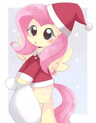 Size: 1604x2048 | Tagged: safe, artist:ginmaruxx, fluttershy, pegasus, pony, g4, bipedal, blushing, christmas, christmas outfit, clothes, costume, cute, female, hat, holiday, mare, sack, santa costume, santa hat, shyabetes, solo