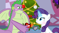 Size: 1280x720 | Tagged: safe, artist:mlplary6, rarity, spike, dragon, pony, unicorn, g4, blushing, christmas, female, gigachad spike, holiday, male, older, older spike, ship:sparity, shipping, smiling, straight