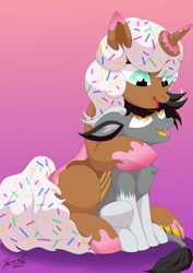 Size: 2480x3508 | Tagged: safe, artist:reminic, oc, oc only, oc:donut daydream, oc:kavvi, original species, pony, unicorn, donut, duo, fangs, food, gradient background, high res, horn, hug, hugging a pony, looking at each other, looking at someone, looking up, palindrome get, signature, tail, unicorn oc