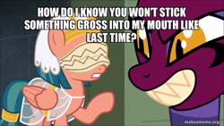 Size: 800x450 | Tagged: safe, edit, edited screencap, screencap, somnambula, the sphinx, sphinx, daring done?, g4, blindfold, caption, egyptian, egyptian headdress, egyptian pony, image macro, text