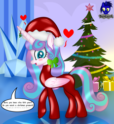 Size: 4608x4985 | Tagged: safe, artist:damlanil, princess flurry heart, alicorn, pony, g4, absurd resolution, blushing, bodysuit, bow, catsuit, christmas, christmas decoration, christmas tree, clothes, comic, cute, dialogue, female, floating heart, flurrybetes, happy, hat, heart, holiday, horn, latex, latex suit, looking at you, mare, mistletoe, older, older flurry heart, open mouth, open smile, present, rubber, santa hat, shine, shiny, shiny mane, show accurate, smiling, smiling at you, solo, suit, symbiote, talking, talking to viewer, test tube, text, tree, vector, wall of tags, wings