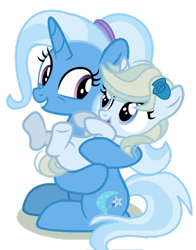 Size: 1280x1630 | Tagged: safe, artist:princess-kitsune-tsu, trixie, oc, oc:lunar rose, pony, unicorn, g4, the last problem, base used, female, filly, foal, mother and child, mother and daughter, offspring, parent:prince blueblood, parent:trixie, parents:bluetrix, simple background, transparent background