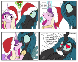 Size: 3451x2771 | Tagged: safe, artist:icey, princess cadance, queen chrysalis, alicorn, changeling, changeling queen, pony, g4, blushing, blushing profusely, cheek kiss, christmas, convulsing, cute, cutealis, cutedance, duo, female, foaming at the mouth, hat, heart eyes, high res, holiday, kissing, lesbian, love overload, mare, mistletoe, santa hat, seizure, ship:cadalis, shipping, wingding eyes