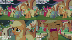 Size: 1280x720 | Tagged: safe, edit, edited screencap, editor:quoterific, screencap, apple bloom, applejack, big macintosh, granny smith, earth pony, pony, g4, hearthbreakers, season 5, apple bloom's bow, applejack's hat, bow, cowboy hat, eyes closed, female, filly, floppy ears, foal, hair bow, hat, male, mare, open mouth, open smile, smiling, stallion