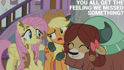 Size: 1280x720 | Tagged: safe, edit, edited screencap, editor:quoterific, screencap, applejack, fluttershy, yona, earth pony, pegasus, pony, yak, a matter of principals, g4, season 8, applejack's hat, cowboy hat, cute, female, hat, hug, mare, messy mane, mud, open mouth, school of friendship, smiling, yonadorable