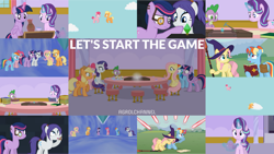 Size: 1280x721 | Tagged: safe, artist:agrol, edit, editor:quoterific, applejack, fluttershy, pinkie pie, rainbow dash, rarity, spike, starlight glimmer, twilight sparkle, alicorn, dragon, earth pony, pegasus, pony, unicorn, let's start the game, g4, alternate hairstyle, applejack's hat, book, cloud, cowboy hat, earth pony rarity, earth pony twilight, eyes closed, female, flapplejack, flying, hat, magic, male, mane eight, mane seven, mane six, mare, open mouth, open smile, pegasus pinkie pie, race swap, sky, smiling, telekinesis, twilight sparkle (alicorn), unicorn fluttershy, unicorn rainbow dash, winged spike, wings
