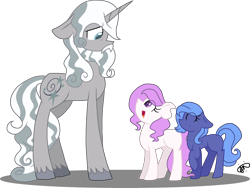 Size: 2586x1941 | Tagged: safe, artist:gallantserver, princess celestia, princess luna, star swirl the bearded, alicorn, earth pony, pony, g4, cewestia, concave belly, earth pony celestia, earth pony luna, female, filly, male, missing accessory, royal sisters, siblings, simple background, sisters, stallion, transparent background, trio, woona, younger