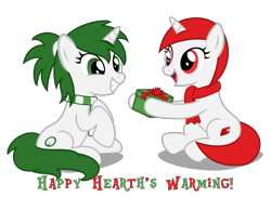 Size: 5500x4000 | Tagged: safe, artist:strategypony, oc, oc only, oc:reno, oc:ruby, pony, unicorn, absurd resolution, christmas, clothes, duo, duo female, female, gift giving, green eyes, green mane, green tail, grin, hearth's warming, holiday, hoof hold, horn, looking at someone, mare, open mouth, open smile, present, red eyes, red mane, red tail, scarf, shadow, show accurate, siblings, simple background, sisters, sitting, smiling, striped scarf, tail, transparent background, unicorn oc, wholesome