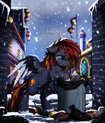 Size: 2930x3436 | Tagged: safe, artist:pridark, oc, oc only, pegasus, pony, apple core, commission, crying, female, high res, mare, sad, snow, snowfall, solo, starving, trash can, wings