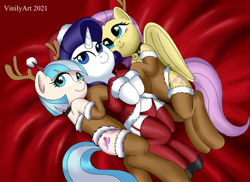 Size: 951x694 | Tagged: safe, artist:vinilyart, coco pommel, fluttershy, rarity, earth pony, pegasus, pony, unicorn, g4, antlers, clothes, female, folded wings, garter belt, horn, legs together, leotard, lingerie, lying down, mare, on back, on side, panties, red panties, smiling, socks, stockings, thigh highs, trio, trio female, underwear, wings