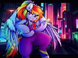 Size: 4096x3072 | Tagged: safe, artist:canvymamamoo, rainbow dash, pegasus, semi-anthro, alternate hairstyle, belly button, buckball fan gear rainbow dash, chest fluff, city, clothes, colorful background, ear fluff, female, frog (hoof), gameloft, grin, jacket, looking at you, pants, ponytail, raised eyebrow, raised hoof, shorts, smiling, solo, sports bra, sports shorts, spread wings, sweatpants, underhoof, wings