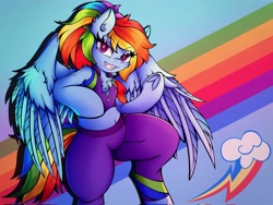 Size: 4096x3072 | Tagged: safe, alternate version, artist:canvymamamoo, rainbow dash, pegasus, semi-anthro, abstract background, alternate hairstyle, belly button, buckball fan gear rainbow dash, chest fluff, clothes, cutie mark background, ear fluff, female, frog (hoof), gameloft, grin, jacket, looking at you, pants, ponytail, rainbow, raised eyebrow, raised hoof, shorts, smiling, solo, sports bra, sports shorts, spread wings, sweatpants, underhoof, wings