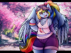 Size: 3402x2560 | Tagged: safe, artist:canvymamamoo, kotobukiya, rainbow dash, pegasus, anthro, unguligrade anthro, g4, alternate hairstyle, blushing, breasts, cherry blossoms, chest fluff, clothes, ear fluff, fangs, female, flower, flower blossom, goggles, high res, jacket, kotobukiya rainbow dash, open mouth, ponytail, shorts, smiling, smug, solo, spread wings, tank top, tongue out, wings, wristband