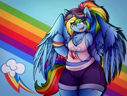 Size: 3402x2560 | Tagged: safe, alternate version, artist:canvymamamoo, kotobukiya, rainbow dash, pegasus, anthro, unguligrade anthro, g4, abstract background, alternate hairstyle, blushing, breasts, chest fluff, clothes, cutie mark background, ear fluff, fangs, female, goggles, high res, jacket, kotobukiya rainbow dash, open mouth, ponytail, rainbow, shorts, smiling, smug, solo, spread wings, tank top, tongue out, wings, wristband