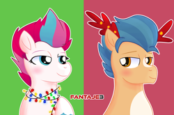 Size: 2000x1320 | Tagged: safe, artist:fantaje3, hitch trailblazer, zipp storm, earth pony, pegasus, pony, g5, my little pony: a new generation, blushing, christmas, christmas lights, couple, cute, duo, female, heart eyes, holiday, looking at each other, looking at someone, male, mare, ship:stormblazer, shipping, simple background, smiling, stallion, straight, wingding eyes