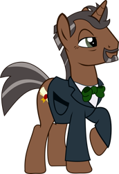 Size: 2031x2952 | Tagged: safe, artist:snipernero, oc, oc only, oc:professor lancie, pony, unicorn, clothes, full body, high res, horn, john de lancie, lidded eyes, male, raised hoof, show accurate, simple background, smiling, solo, stallion, standing, tail, transparent background, two toned mane, two toned tail, unicorn oc, vector