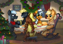 Size: 2048x1451 | Tagged: safe, artist:ali-selle, applejack, oc, oc:apple hope, oc:apple smart, oc:apple song, oc:dragon, earth pony, pony, g4, the last problem, apple, apple pie, braid, canon x oc, christmas, christmas lights, christmas tree, christmas wreath, cider, cowboy hat, dragojack, female, food, hat, hearth's warming eve, holiday, male, mare, offspring, older, older applejack, older oc, painting, parent:applejack, parent:oc:dragon, parents:canon x oc, parents:dragojack, pie, present, shipping, snow, stallion, straight, tree, wreath