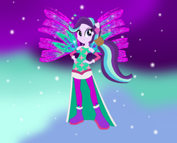 Size: 864x700 | Tagged: safe, artist:kawaii-tron, artist:selenaede, artist:user15432, starlight glimmer, fairy, equestria girls, g4, alternate hairstyle, barely eqg related, base used, boots, clothes, colored wings, crossover, crystal sirenix, dress, fairy wings, fairyized, galaxy background, gradient background, gradient wings, green dress, hand on hip, high heel boots, high heels, long hair, ponied up, ponytail, purple wings, shoes, sirenix, solo, sparkly background, sparkly wings, wings, winx, winx club, winxified