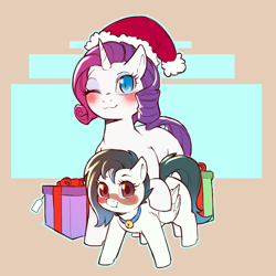 Size: 1200x1200 | Tagged: safe, artist:cold-blooded-twilight, rarity, oc, oc:ethereal pelagia, pegasus, pony, unicorn, g4, bell, bell collar, christmas, christmas presents, collar, duo, hat, holiday, santa hat