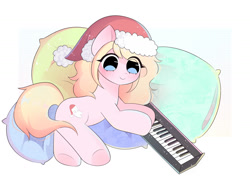 Size: 1637x1173 | Tagged: safe, artist:arwencuack, oc, oc only, oc:chuckles, earth pony, pony, christmas, hat, holiday, musical instrument, piano, pillow, santa hat, solo