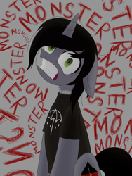 Size: 1920x2560 | Tagged: safe, artist:gojo, pony, unicorn, bring me the horizon, clothes, commission, disguise, disguised siren, horn, jewelry, kellin quinn, male, necklace, ponified, shirt, sleeping with sirens, slit pupils, solo, stallion, t-shirt, text, ych result