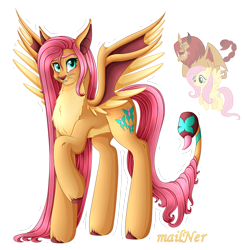 Size: 4796x4895 | Tagged: safe, artist:mailner, fluttershy, manny roar, manticore, pegasus, pony, g4, absurd resolution, colored hooves, colored wings, fangs, hooves, looking at you, redesign, simple background, solo, spread wings, transparent background, wings