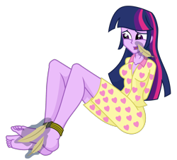 Size: 1782x1616 | Tagged: safe, artist:nie-martw-sie-o-mnie, twilight sparkle, equestria girls, g4, ankle tied, arm behind back, barefoot, bondage, breasts, cleavage, clothes, feather, feet, female, open mouth, pajamas, simple background, solo, tickle torture, tickling, transparent background
