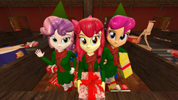 Size: 1600x900 | Tagged: safe, artist:oatmeal!, apple bloom, scootaloo, sweetie belle, elf, equestria girls, g4, 3d, christmas, clothes, costume, cutie mark crusaders, elf hat, gmod, hat, holiday, present