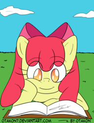 Size: 1116x1455 | Tagged: safe, artist:otakon, apple bloom, earth pony, anthro, g4, book, cropped, female, filly, foal, reading, smiling, solo