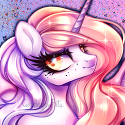 Size: 500x500 | Tagged: safe, artist:cabbage-arts, oc, oc only, oc:candy lace, pony, unicorn, bust, commission, commissioner:platinumcandylace, female, freckles, smiling, solo
