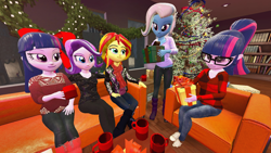 Size: 1600x900 | Tagged: safe, artist:oatmeal!, sci-twi, starlight glimmer, sunset shimmer, trixie, twilight sparkle, equestria girls, g4, 3d, christmas, christmas tree, clothes, coffee, decoration, gmod, holiday, present, sweater, tree, twolight