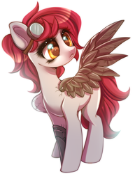 Size: 600x778 | Tagged: safe, artist:cabbage-arts, oc, oc only, oc:tune up, pegasus, pony, amputee, artificial wings, augmented, commission, commissioner:crazymouseadopts, female, goggles, prosthetic leg, prosthetic limb, prosthetic wing, prosthetics, simple background, solo, white background, wings
