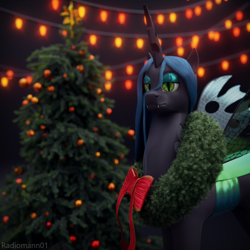 Size: 2048x2048 | Tagged: safe, artist:radiomann01, queen chrysalis, g4, 3d, blender, blender cycles, bow, christmas, christmas lights, christmas tree, christmas wreath, contempt, disgusted, fangs, high res, holiday, looking at you, queen chrysalis is not amused, raised eyebrow, solo, tree, unamused, wreath