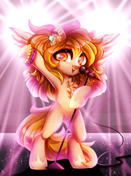 Size: 650x867 | Tagged: safe, artist:cabbage-arts, oc, oc only, pegasus, pony, bipedal, bracelet, chest fluff, ear piercing, earring, female, jewelry, microphone, open mouth, pegasus oc, piercing, solo, watermark