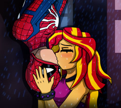 Size: 1920x1715 | Tagged: safe, artist:edcom02, sunset shimmer, human, equestria girls, g4, bare shoulders, crossover, crossover shipping, kissing, male, marvel, rain, shipping, sleeveless, spider-man, upside down, upside down kiss