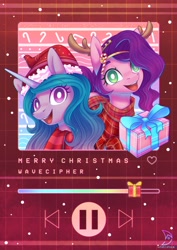 Size: 2480x3508 | Tagged: safe, artist:wavecipher, izzy moonbow, pipp petals, pegasus, pony, unicorn, g5, my little pony: a new generation, christmas, clothes, duo, female, gift wrapped, high res, holiday, mare, open mouth, scarf, white pupils