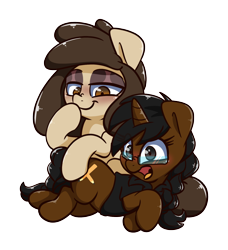 Size: 1556x1703 | Tagged: safe, artist:lou, oc, oc only, oc:louvely, oc:soadia, earth pony, pony, unicorn, 2022 community collab, derpibooru community collaboration, :t, braid, brown eyes, duo, duo female, earth pony oc, eye clipping through hair, eyeshadow, female, glasses, horn, lying down, makeup, mare, nose wrinkle, open mouth, simple background, smiling, transparent background, unicorn oc