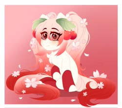 Size: 2384x2105 | Tagged: safe, artist:rand-dums, earth pony, pony, blushing, cherry, clothes, female, flower, food, gradient background, hatsune miku, high res, ponified, sakura miku, smiling, socks, solo, vocaloid