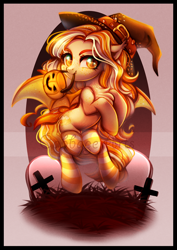 Size: 700x991 | Tagged: oc name needed, safe, artist:cabbage-arts, oc, oc only, bat pony, pony, bat pony oc, clothes, commission, commissioner:galaxy starpt, female, gravestone, halloween, hat, holiday, mouth hold, obtrusive watermark, socks, solo, striped socks, watermark, witch hat, ych result