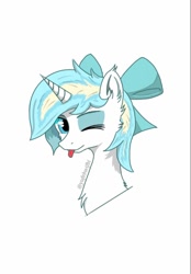 Size: 640x918 | Tagged: safe, artist:yufebwifbi, oc, oc only, pony, unicorn, :p, bow, bust, chest fluff, ear fluff, hair bow, horn, one eye closed, portrait, simple background, solo, tongue out, unicorn oc, white background, wink