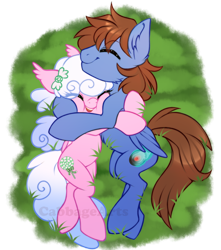 Size: 700x793 | Tagged: safe, artist:cabbage-arts, oc, oc only, oc:bizarre song, oc:haiky haiku, bat pony, pegasus, pony, bat pony oc, cheek squish, commission, commissioner:haiky haiku, couple, duo, eyes closed, female, grass, happy, hug, male, oc x oc, partial background, pegasus oc, shipping, simple background, squishy cheeks, straight, transparent background, watermark