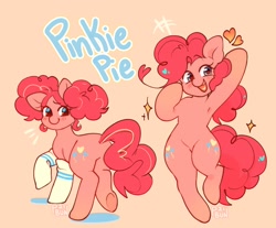 Size: 1608x1332 | Tagged: safe, artist:peacheebun, pinkie pie, earth pony, pony, g4, alternate hairstyle, armpits, bipedal, both cutie marks, clothes, cute, diapinkes, female, heart, mare, open mouth, pink background, pinktails pie, simple background, smiling, socks, solo