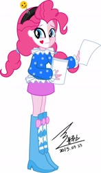 Size: 900x1526 | Tagged: safe, artist:bluse, pinkie pie, equestria girls, g4, alternate hairstyle, boots, clothes, female, high heel boots, makeup, paper, ruff (clothing), sad, sad clown, shoes, show accurate, simple background, skirt, solo