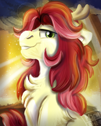 Size: 2000x2500 | Tagged: safe, artist:euspuche, oc, oc only, oc:scarlet pimpernel, deer, earth pony, pony, bust, chest fluff, female, high res, looking at you, mare, portrait, smiling, sunset