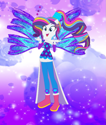 Size: 617x726 | Tagged: safe, artist:magical-mama, artist:selenaede, artist:user15432, rarity, fairy, equestria girls, g4, alternate hairstyle, barely eqg related, base used, boots, clothes, colored wings, crossover, crystal sirenix, dress, fairy wings, fairyized, flower, flower in hair, gradient background, gradient wings, high heel boots, high heels, long hair, ponied up, ponytail, purple dress, purple wings, rose, shoes, sirenix, solo, sparkly background, sparkly wings, wings, winx, winx club, winxified